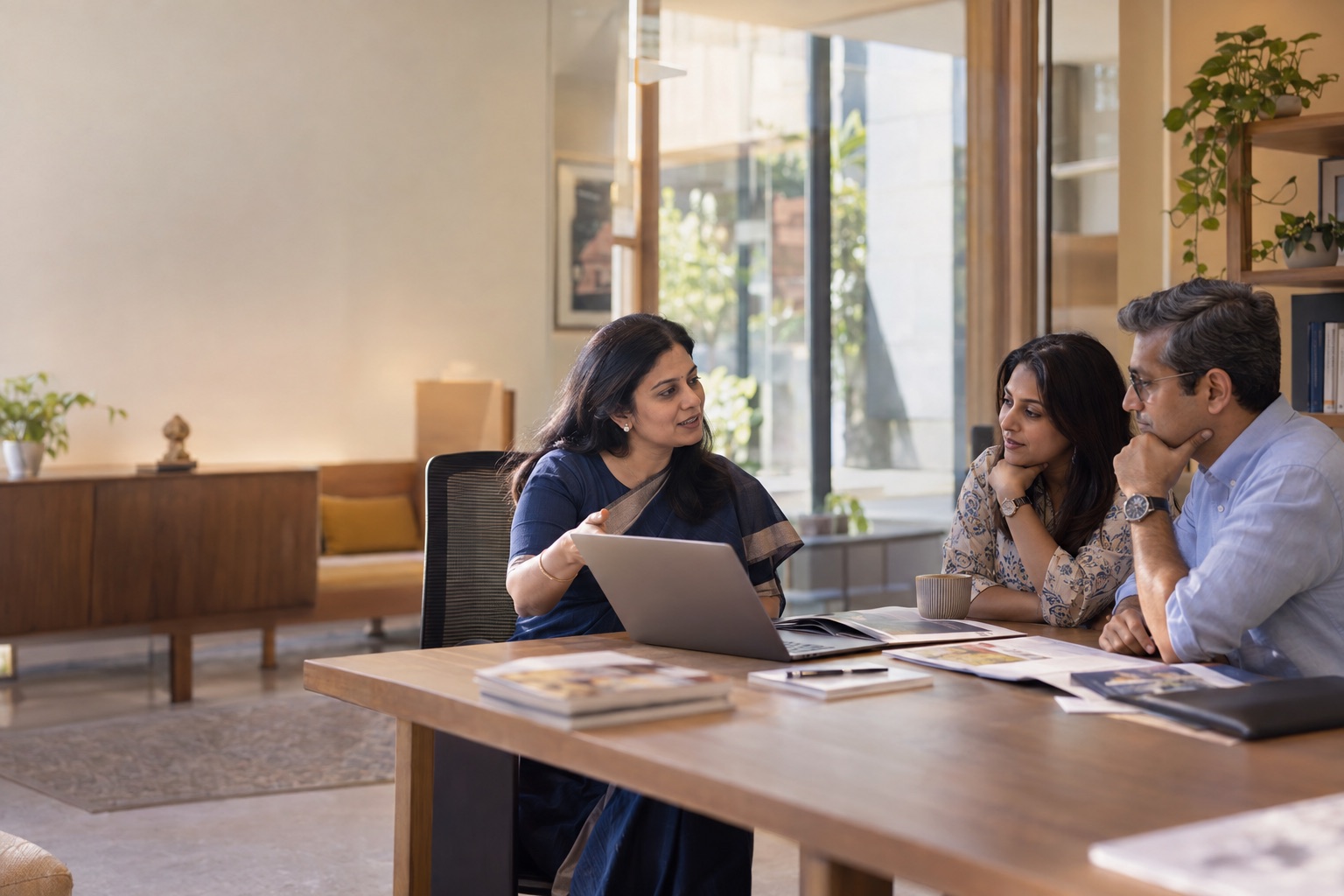 Parents in a thoughtful admissions conversation with a school representative